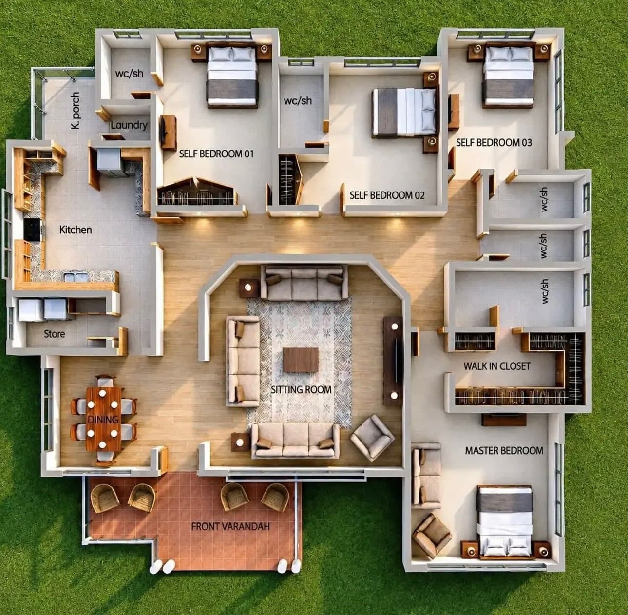 Rendered floor plan showing bedrooms, living and dining areas and a front veranda