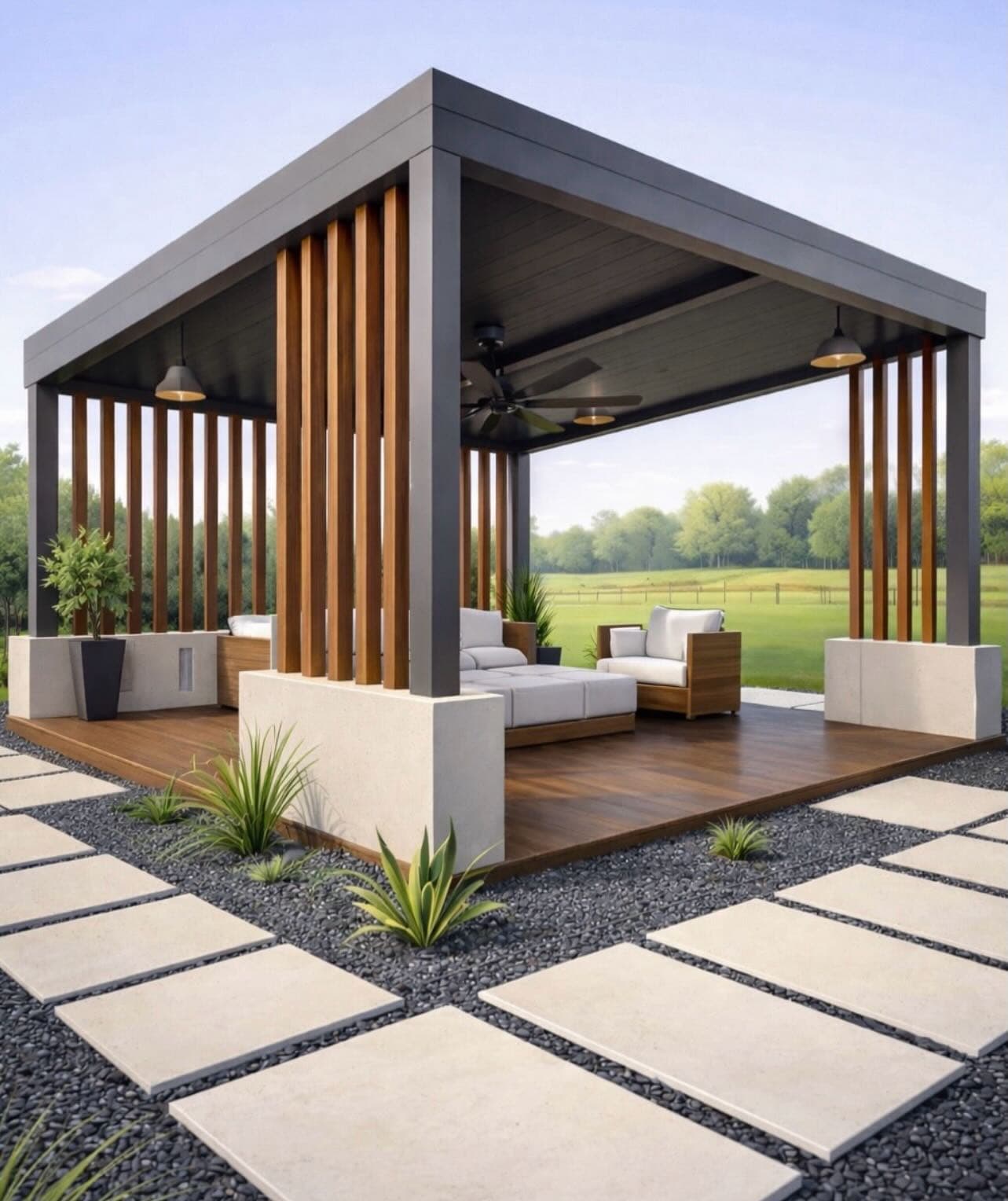 Open-air pergola lounge with planting and a garden view
